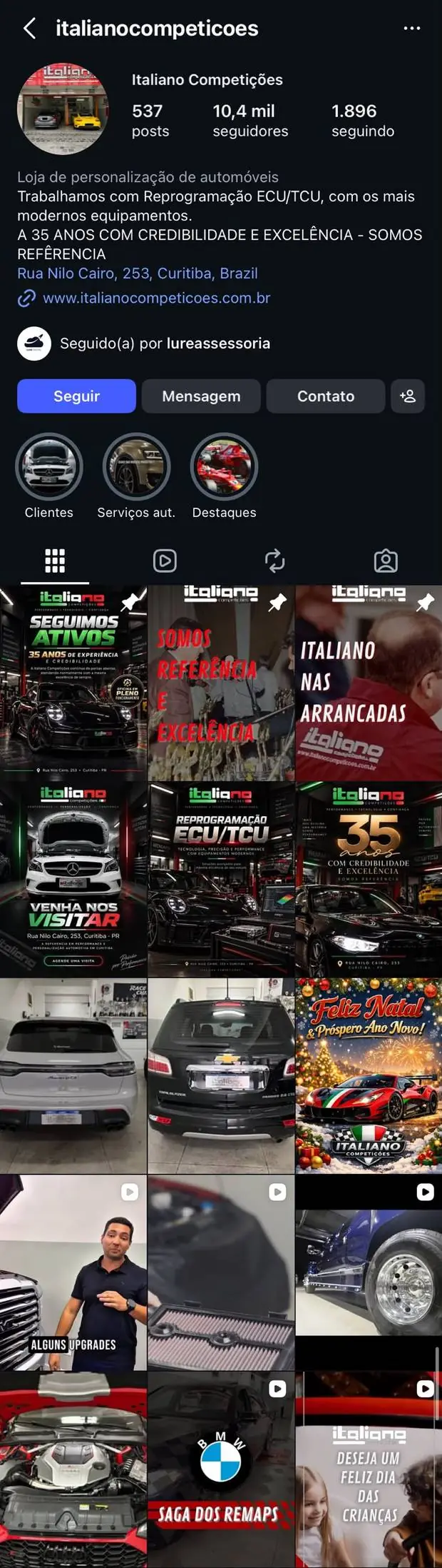 Perfil @italianocompeticoes no Instagram: 537 publicações, 10,4 mil seguidores, endereço na Rua Nilo Cairo, 253, e a grade de posts da oficina.